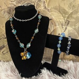 Blue Artisan and Amber Glass Bead Necklace + Stone Bracelets + Earrings Set
